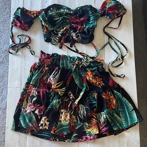 Tropical off shoulder crop top skirt set